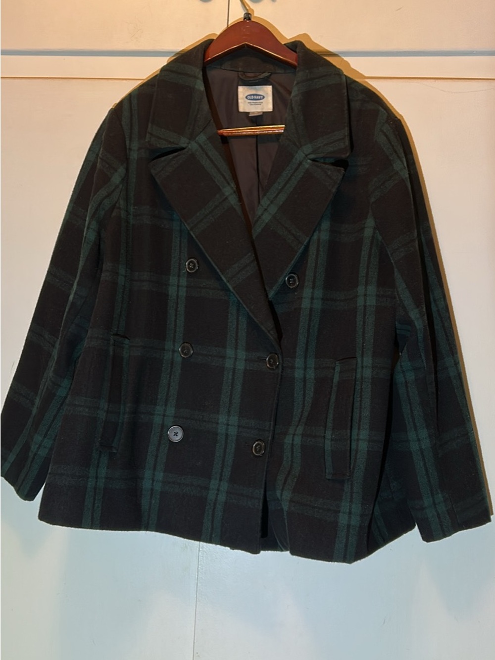 Old Navy Women's Double-Breasted Plaid Peacoat - Dark Green & Black